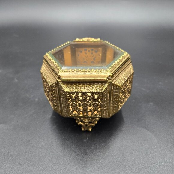 Vintage Ornate Brass & Glass Hexagon Jewelry Box with Filigree Detailing - Picture 1 of 10